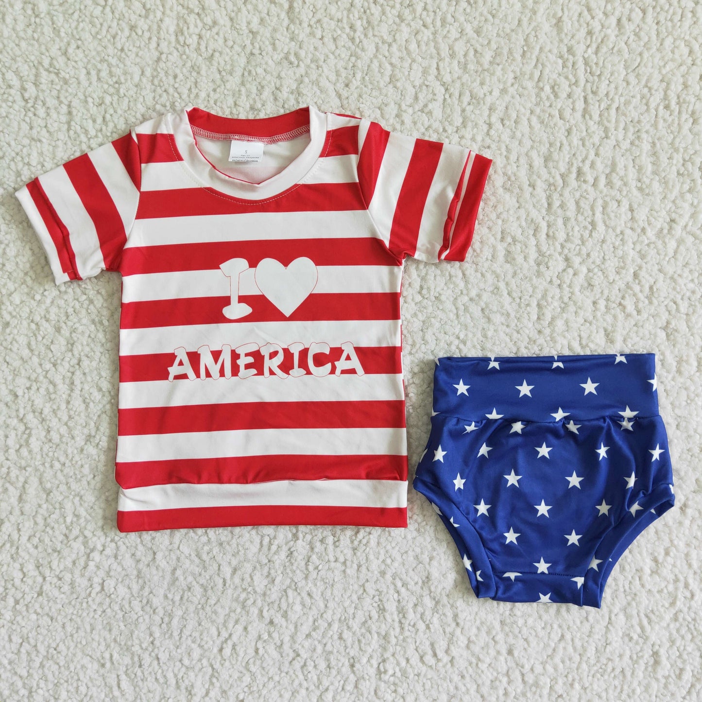 GBO0018 4th Of July I Love America Baby Girls Bummies Set