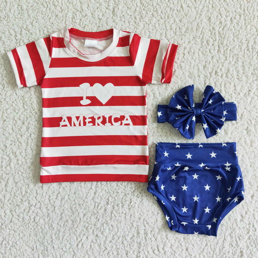 GBO0018 4th Of July I Love America Baby Girls Bummies Set