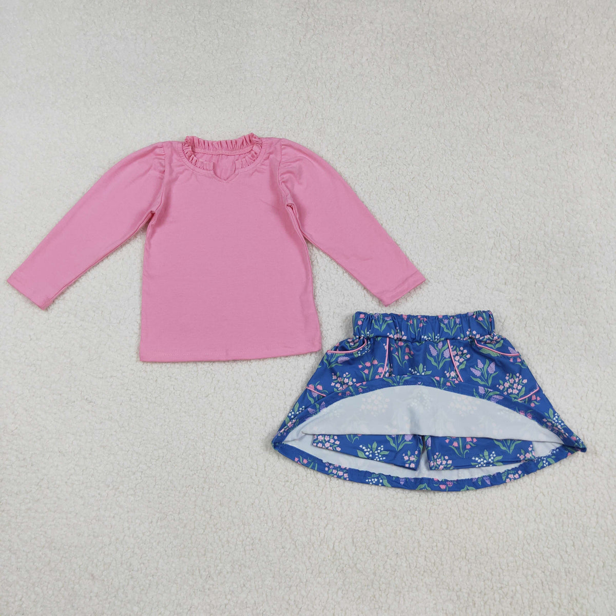 GLD1256 pink long sleeve colorful flowers floral blue skirt girls set