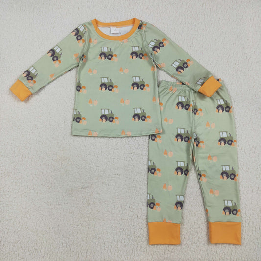 Custom moq 20 bamboo Autumn farm tractor pumpkin green long sleeve pants boys pajamas