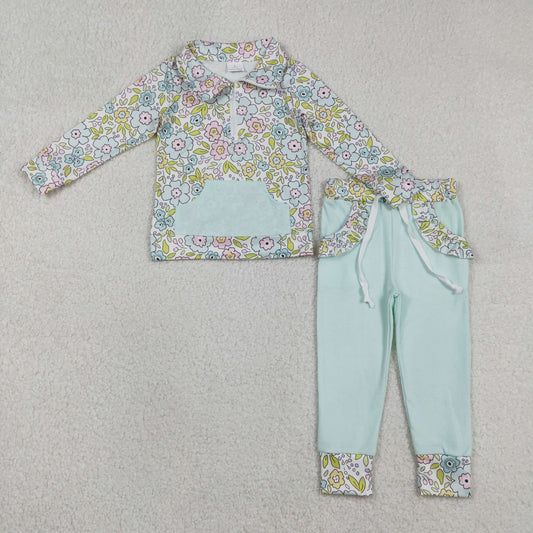 GLP3278 Flowers Floral Pocket Zipper Long Sleeve Mint Green Pants Girls Set