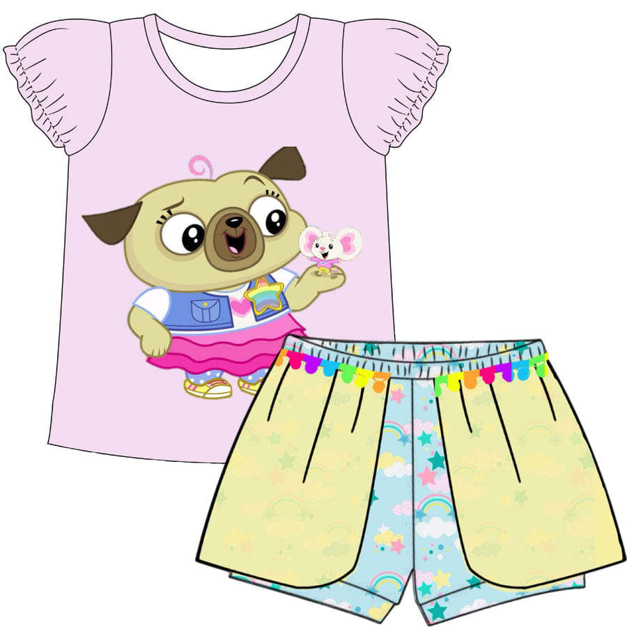 custom style cartoon dog pink flutter sleeve shorts girls set tat 6-8 weeks