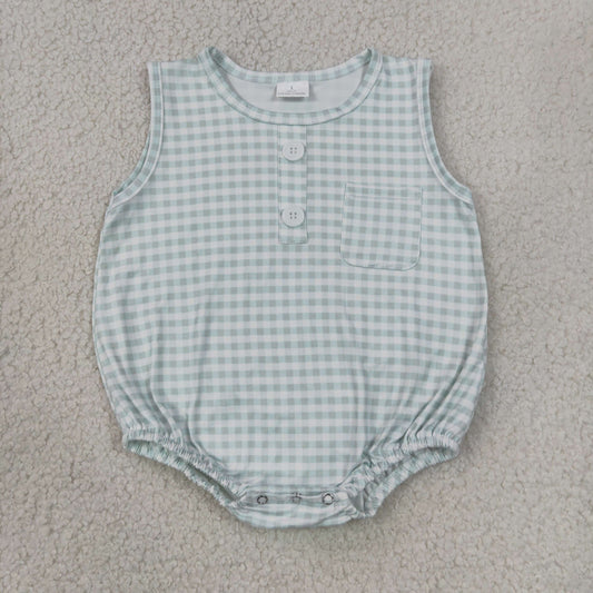 SR4234 Green Checkered Sleeveless Boys Romper