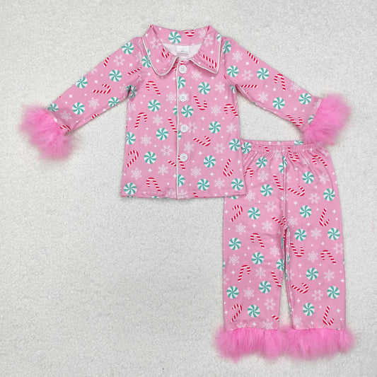 GLP2025 Christmas cane candy hot pink long sleeve pants girls fluffy pajamas