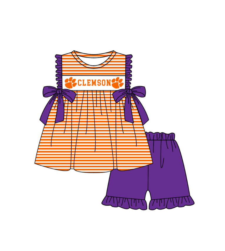 Custom Moq 3 Football Item Orange Clemson Sleeveless Purple Shorts Girls Set