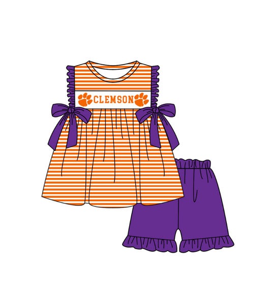 Custom Moq 3 Football Item Orange Clemson Sleeveless Purple Shorts Girls Set