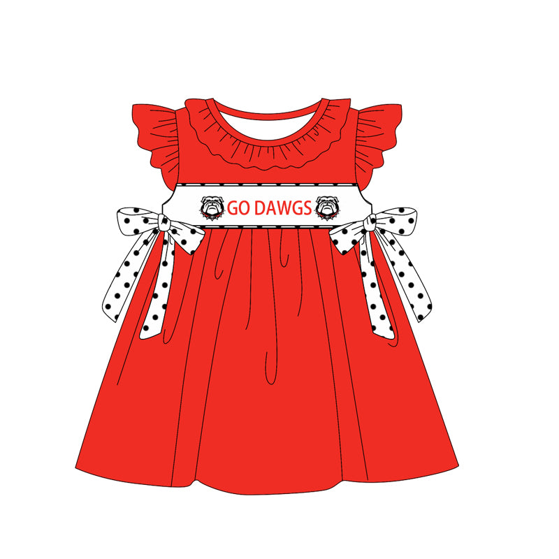 Custom Moq 3 Football Team Go Dawgs Red Flutter Sleeve Bows Girls Dress