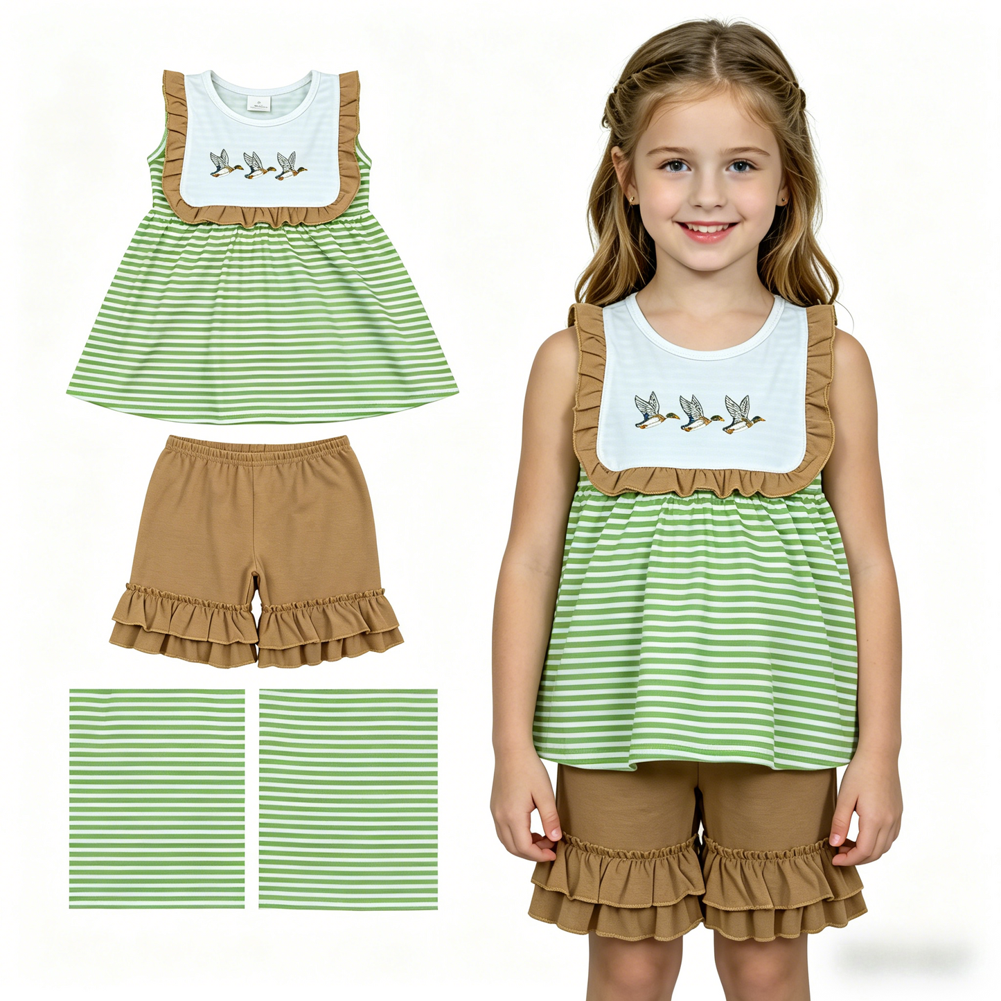 GSSO3432 Mallard Duck Green Flutter Sleeve Brown Shorts Girls Set