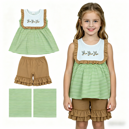 GSSO3432 Mallard Duck Green Flutter Sleeve Brown Shorts Girls Set