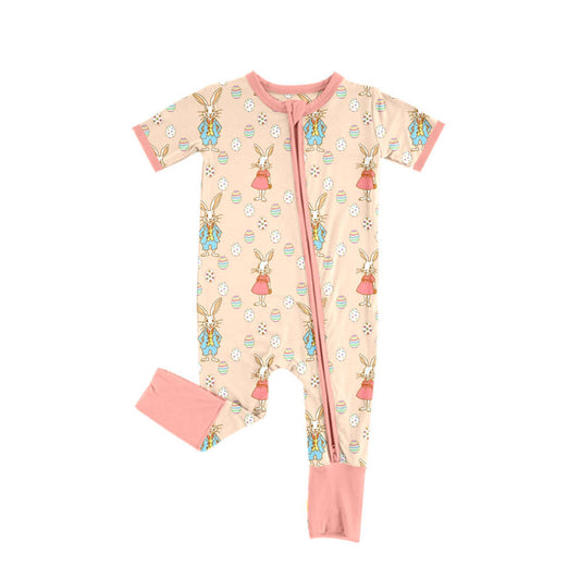 custom moq 5 Easter colorful rabbit flowers pink zipper short sleeve girls romper