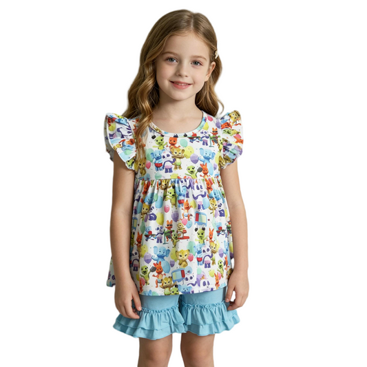 D7-27 Blue Animal Print Flutter Sleeve Girls Set