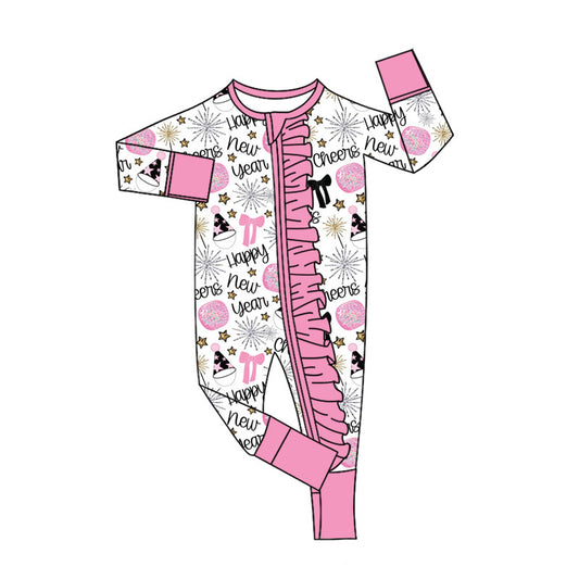 Custom moq 20 bamboo happy new year light firework bows hot pink zipper long sleeve girls romper