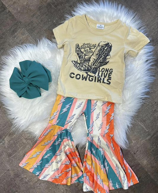 preorder GSPO0944 Western cowgirls yellow short sleeve colorful striped pants girls set