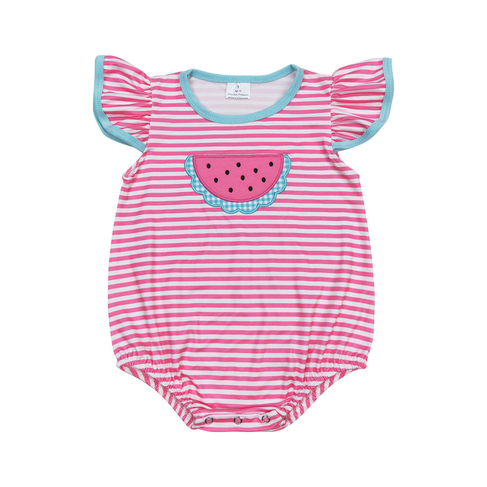 SR1268 embroidery watermelon red striped flutter sleeve girls romper
