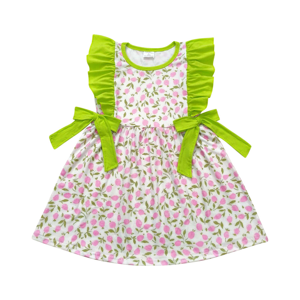 GSD1036 little beautiful pink flowers green ruffles flutter sleeve girls dress