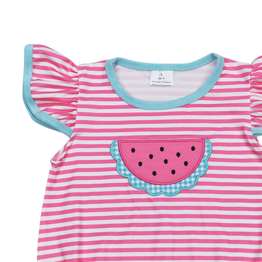 SR1268 embroidery watermelon red striped flutter sleeve girls romper