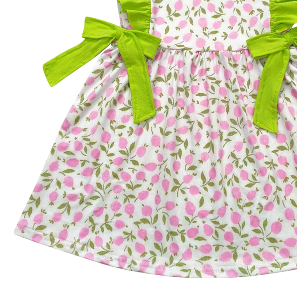 GSD1036 little beautiful pink flowers green ruffles flutter sleeve girls dress