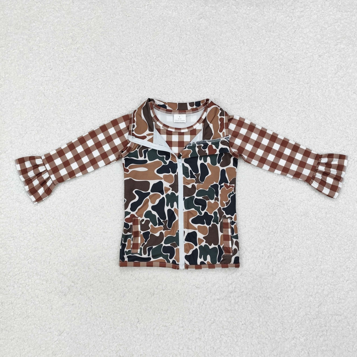 GT0741 brown checkered long sleeve camo sleeveless zipper girls coat 2pcs