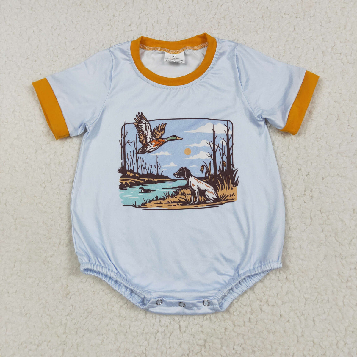 SR3093 hunting season dog mallard duck short sleeve blue boys romper