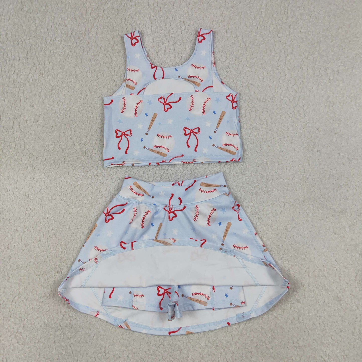 GSD3835 Yoga Baseball Bows Blue Sleeveless Skorts Girls Set