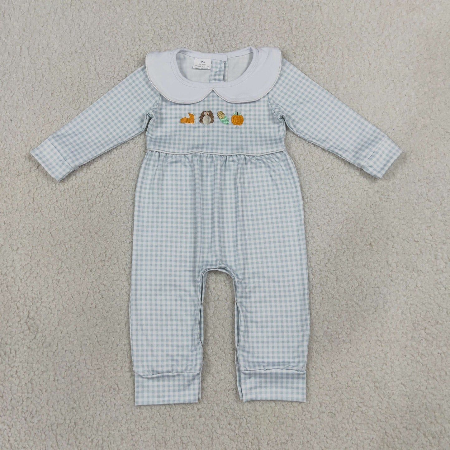 Embroidery LR3105 Thanksgiving Turkey Pukmpkin Pie Checkered Long Sleeve Girls Romper