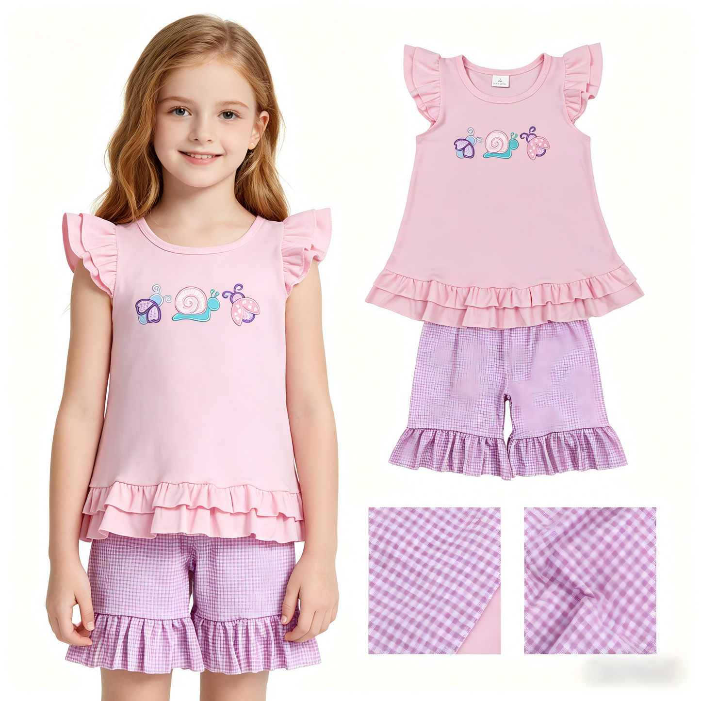 Embroidery GSSO3305 Ladybug Snail Pink Flutter Sleeve Purple Shorts Girls Set