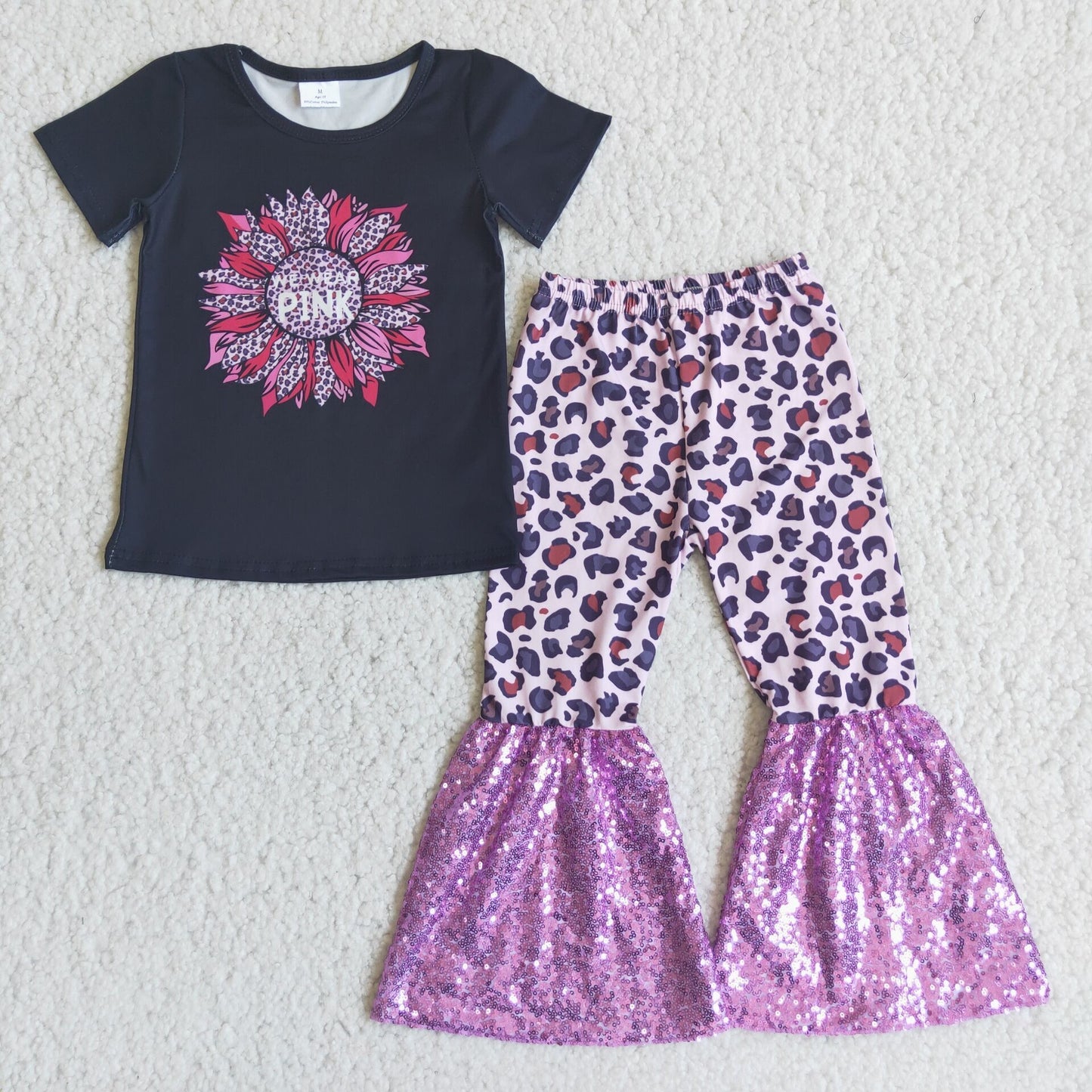 C4-21 Flowers black short sleeve pink leopard pants girls set