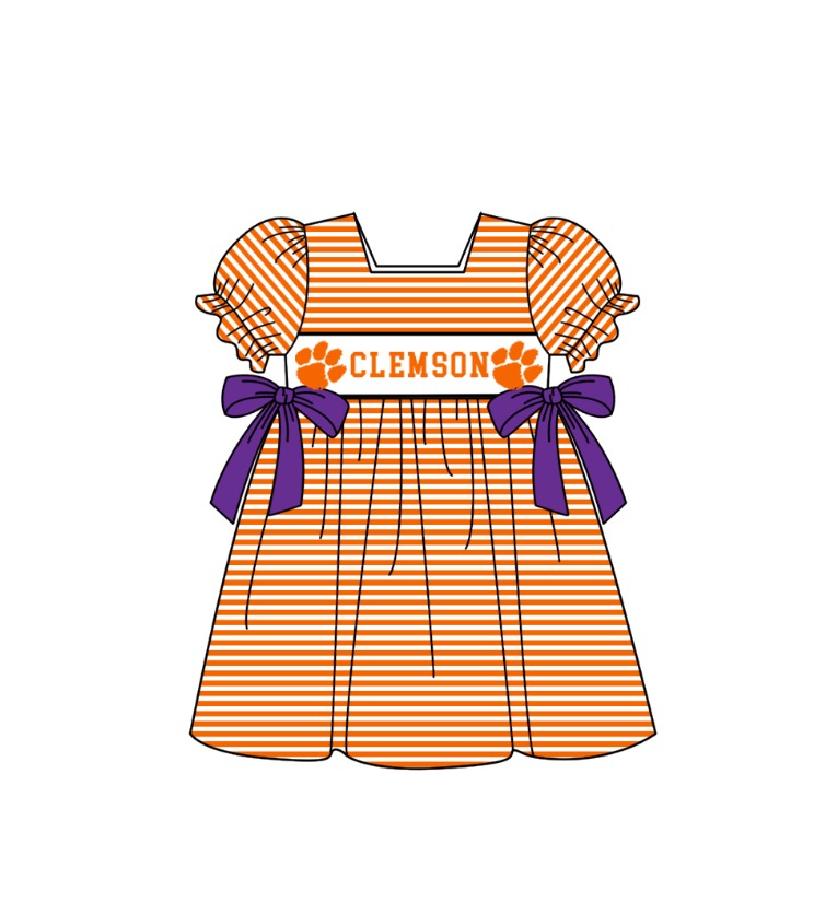 Custom Moq 3 Football Item Clemson Orange Bows Short Sleeve Girls Dress