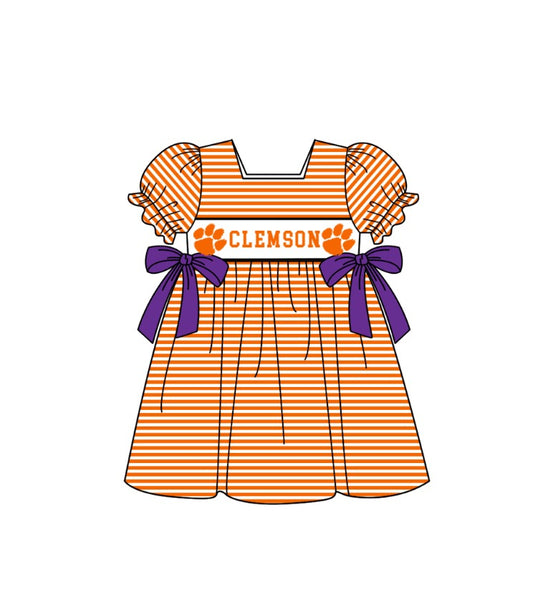 Custom Moq 3 Football Item Clemson Orange Bows Short Sleeve Girls Dress