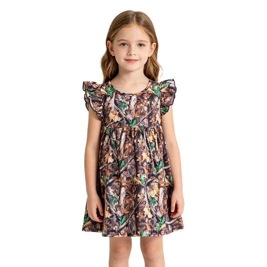 E12-3 Camo Print Flutter Sleeve Baby Girls Dress