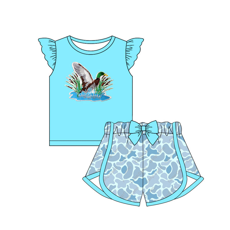 MOQ 3 Custom Hunting Mallard Duck Sky Blue Flutter Sleeve Grey Camo Bow Shorts Girls Set