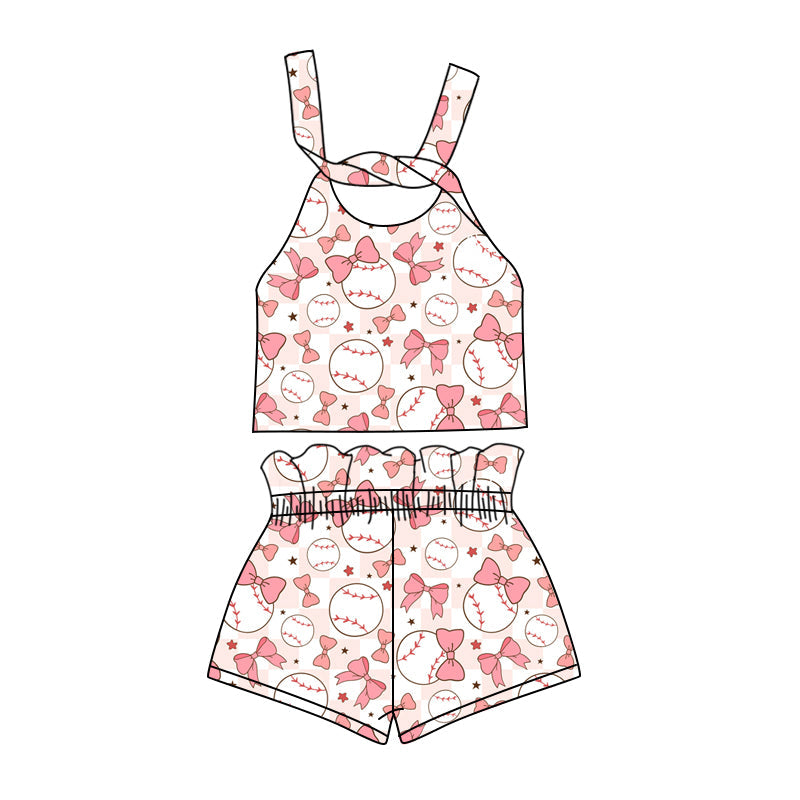 custom (moq 5)Baby Girls Baseball Bows Straps Top Shorts Clothes Sets