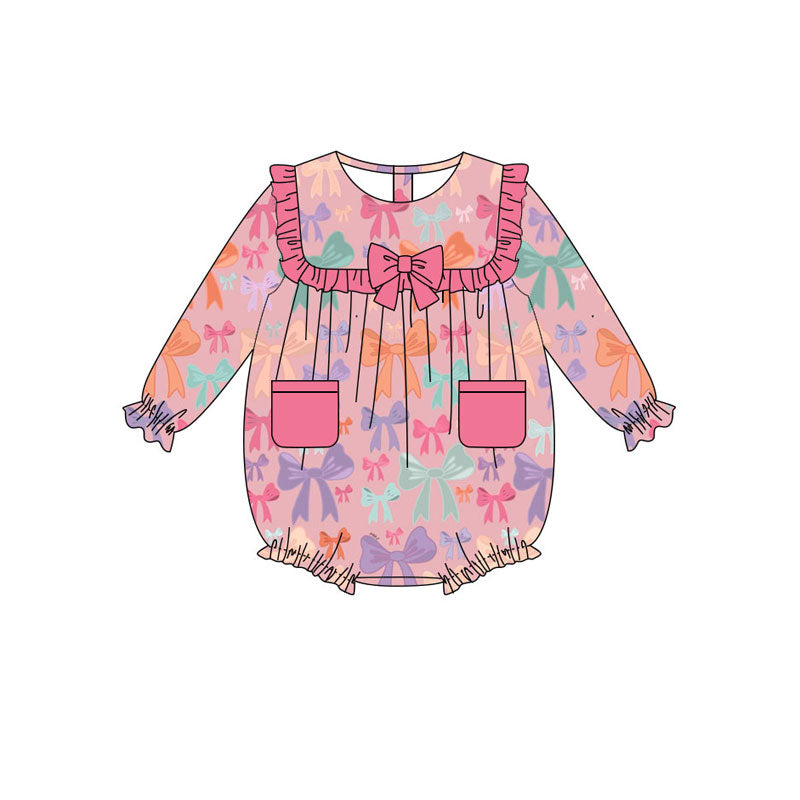custom moq 5 colorful bows pink pockets long sleeve girls romper