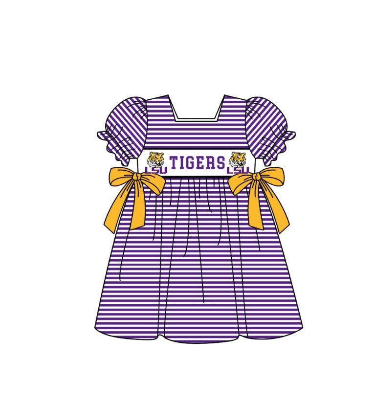 Custom Moq 3 Football Item Tiger Purple Bows Short Sleeve Girls Dress