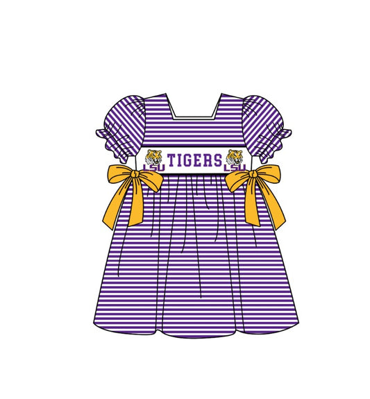 Custom Moq 3 Football Item Tiger Purple Bows Short Sleeve Girls Dress