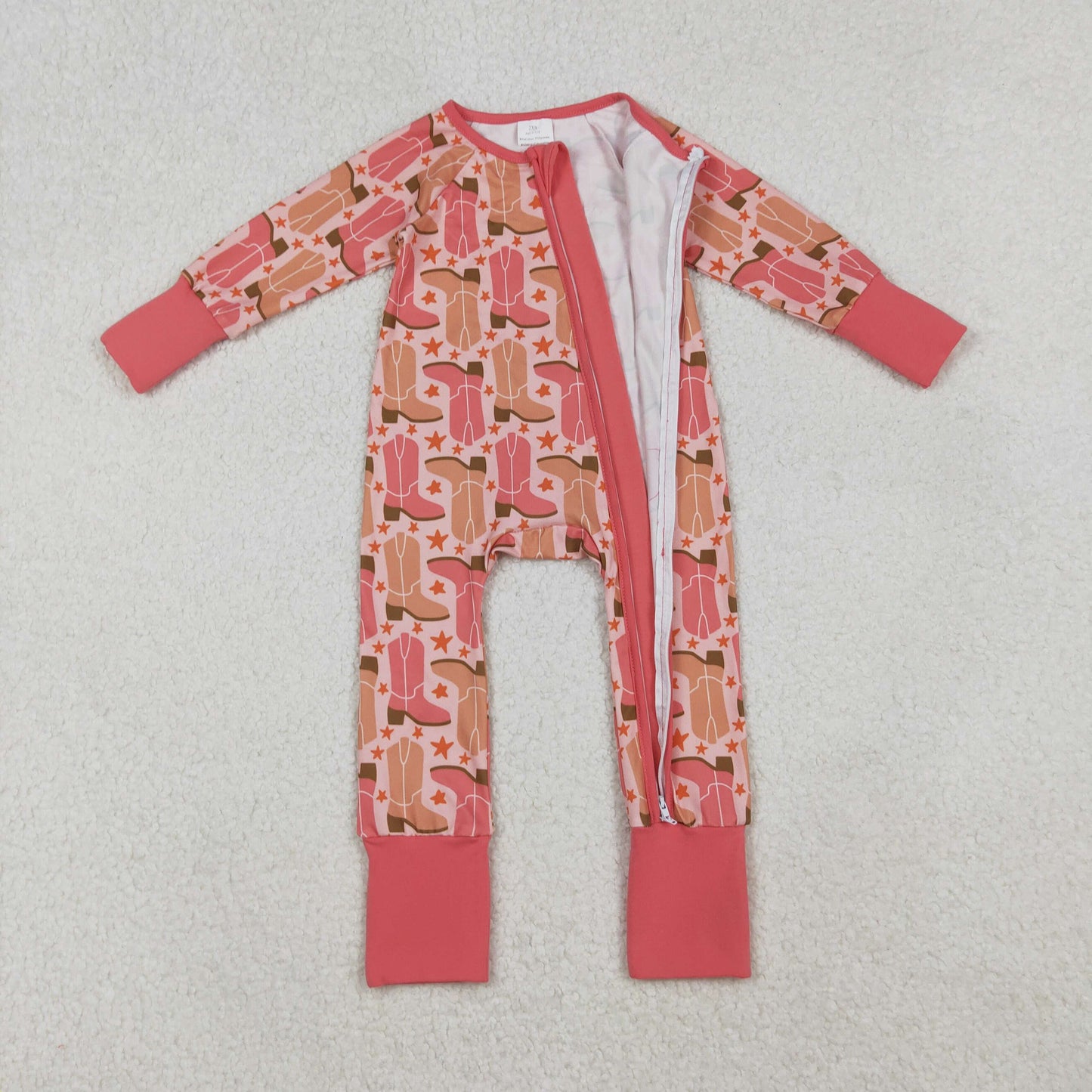 LR2733 Western boots star pink khaki zipper long sleeve girls romper