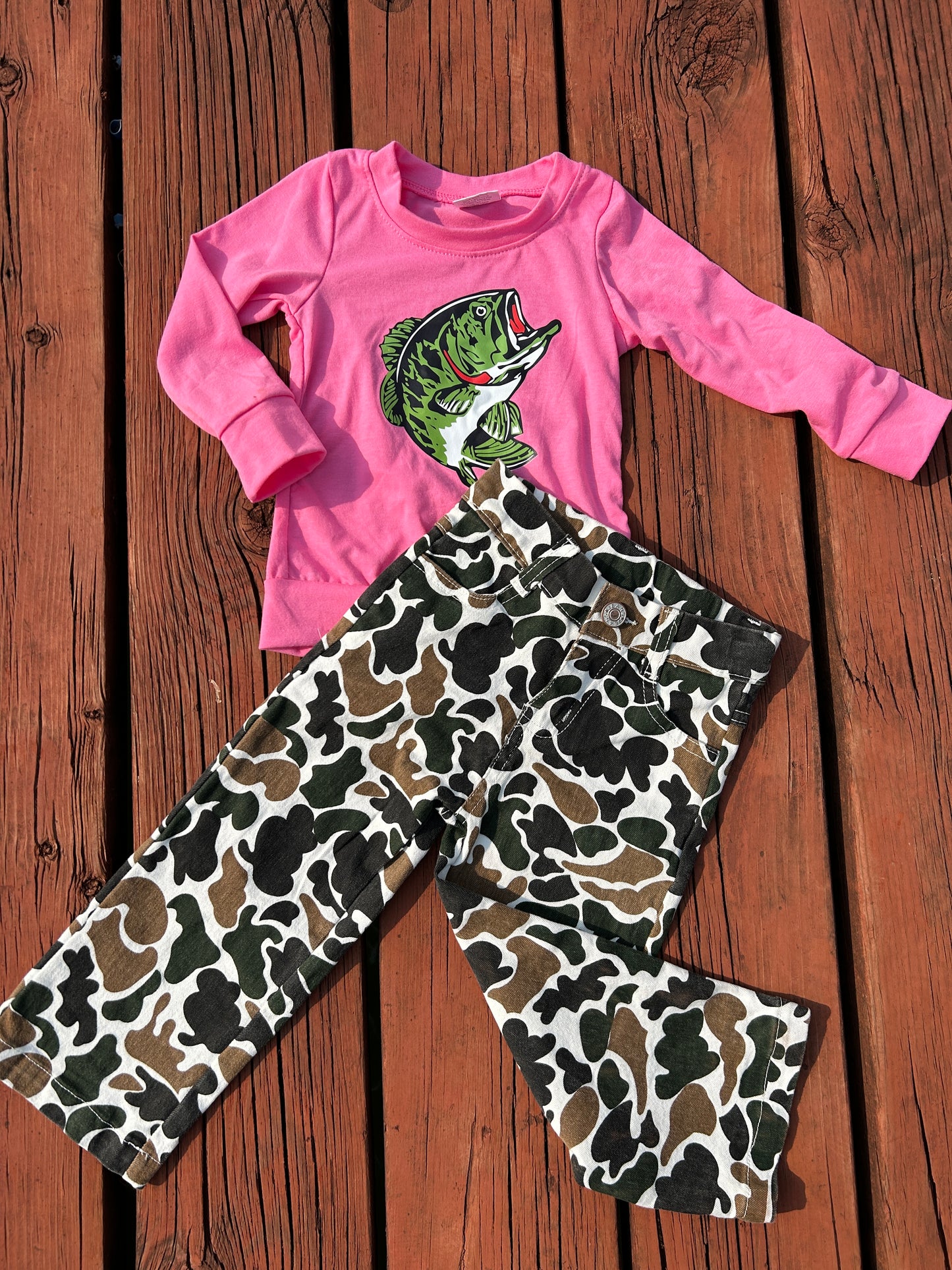 Offset Printing Fishing Hot Pink Long Sleeve Hunting Camo Jeans Girls Set