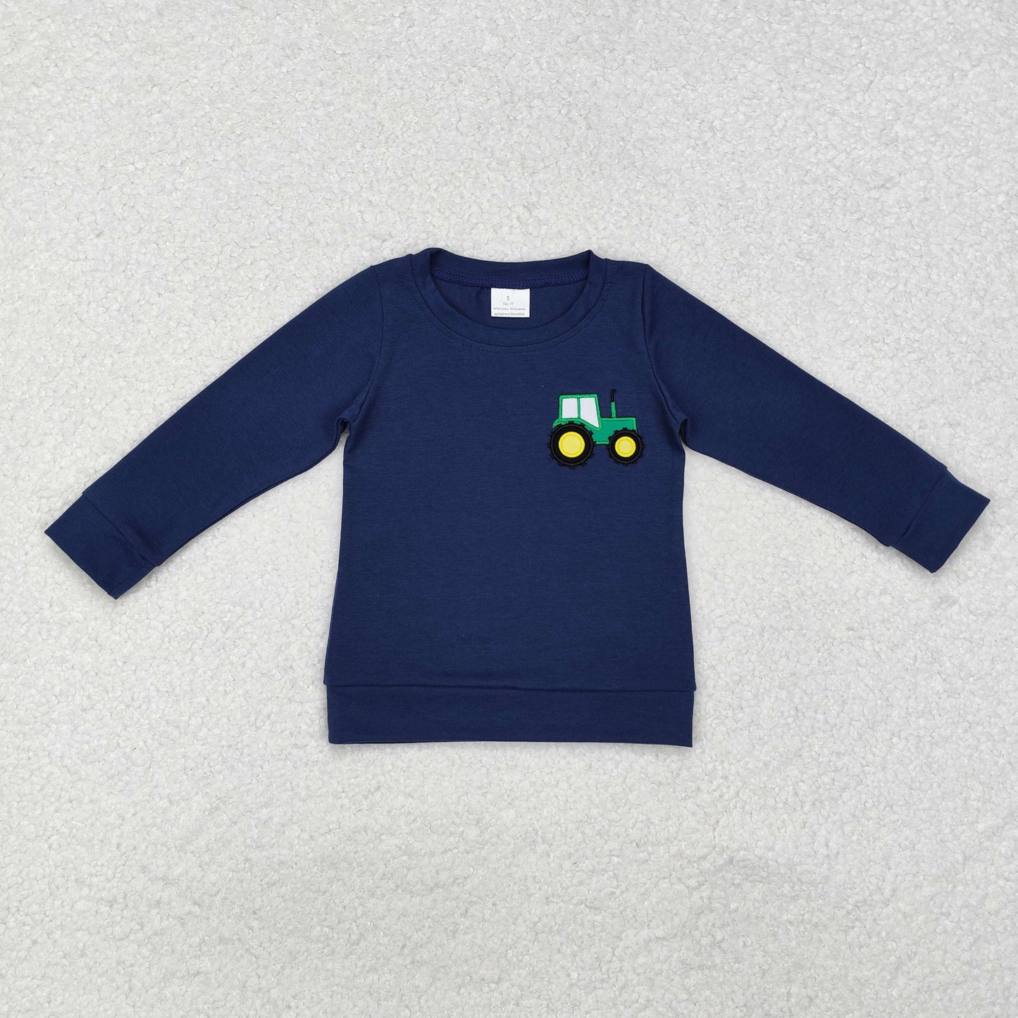 embroidery BT0879 cute farm tractor navy blue long sleeve boys top