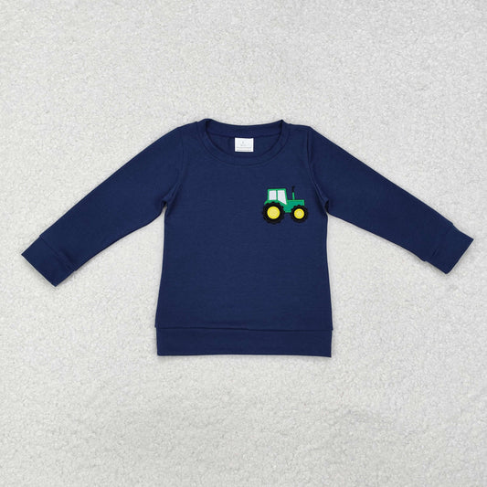 embroidery BT0879 cute farm tractor navy blue long sleeve boys top