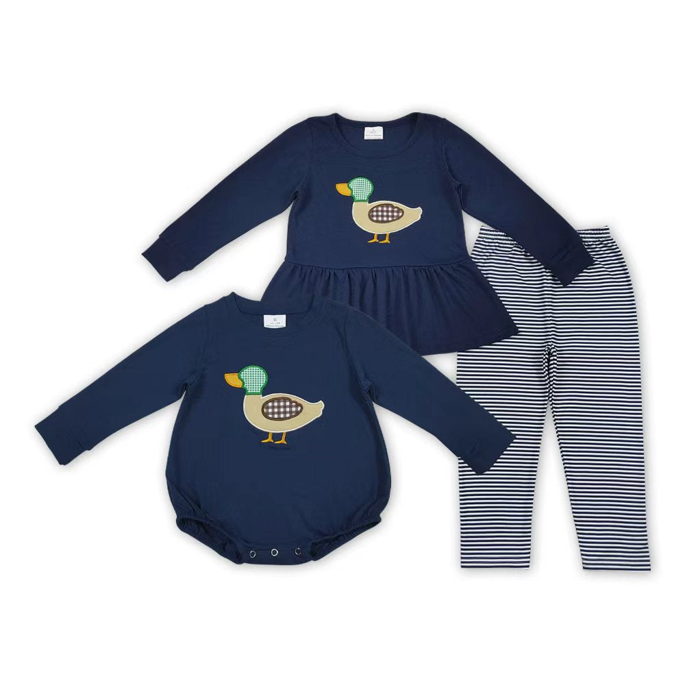 embroidery mallard duck navy blue romper/set RTS Sibling Clothes
