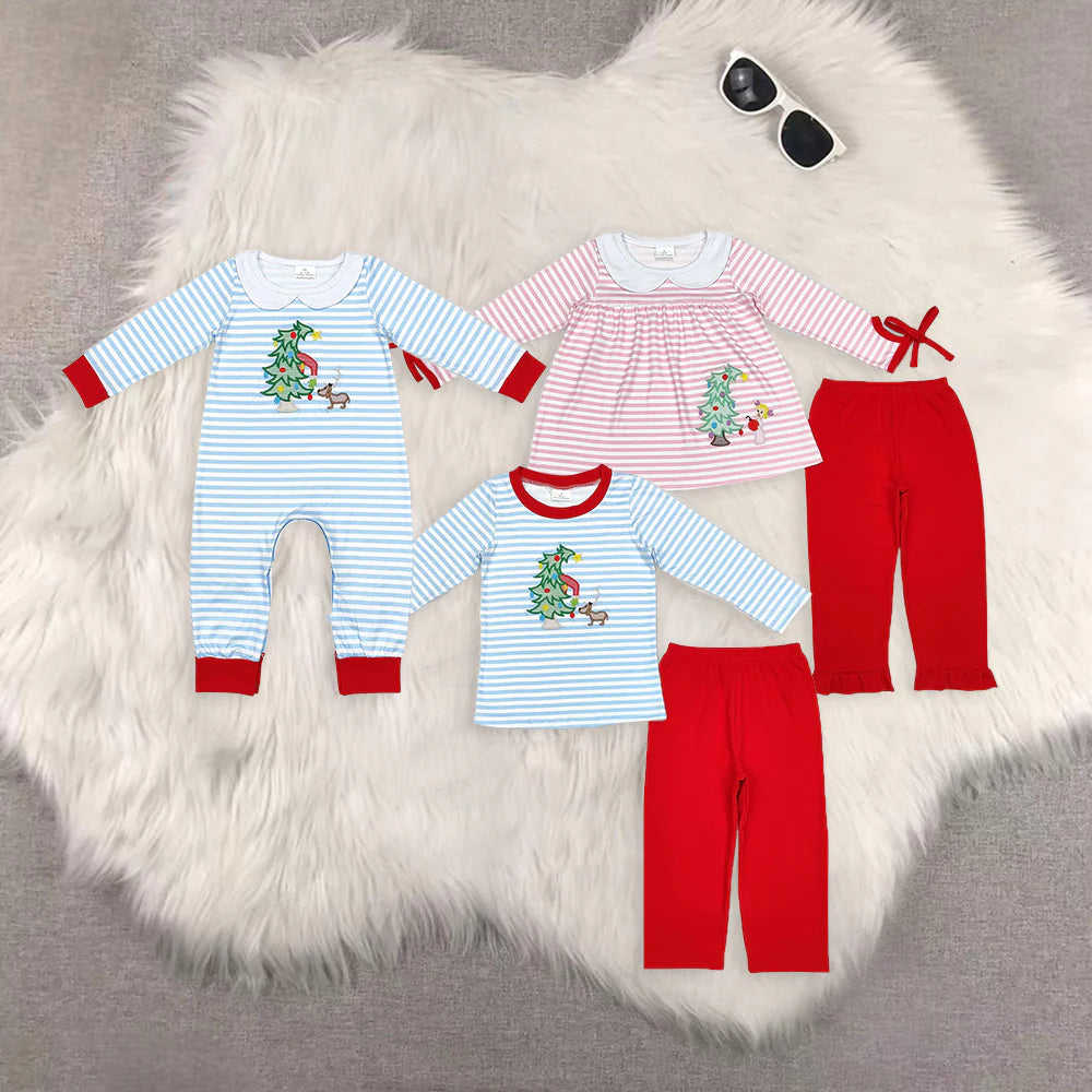 Embroidery Christmas green face tree dog RTS Sibling Clothes