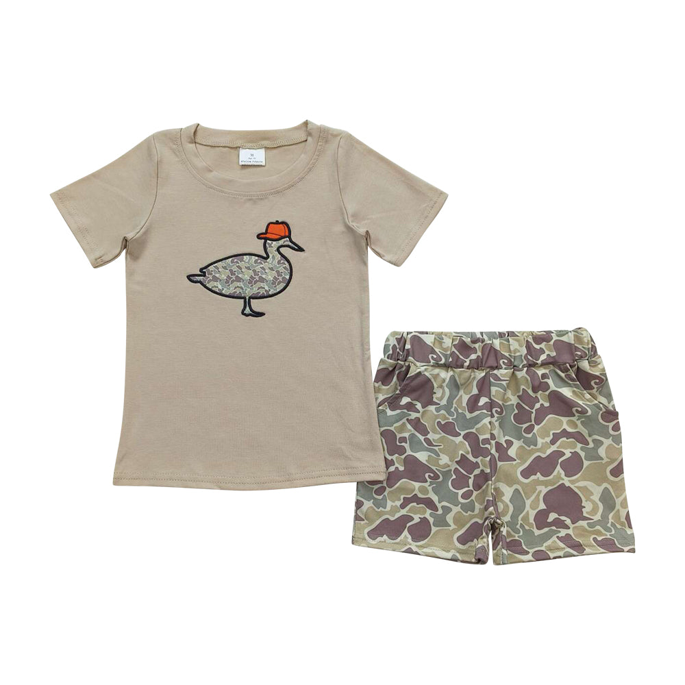 BSSO0781 embroidery camo mallard duck short sleeve green camo shorts boys set