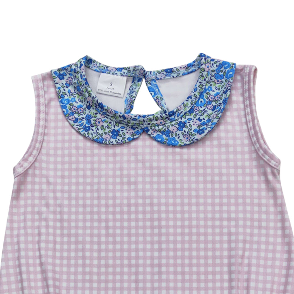 SR1087 Pink checkered sleeveless girls romper