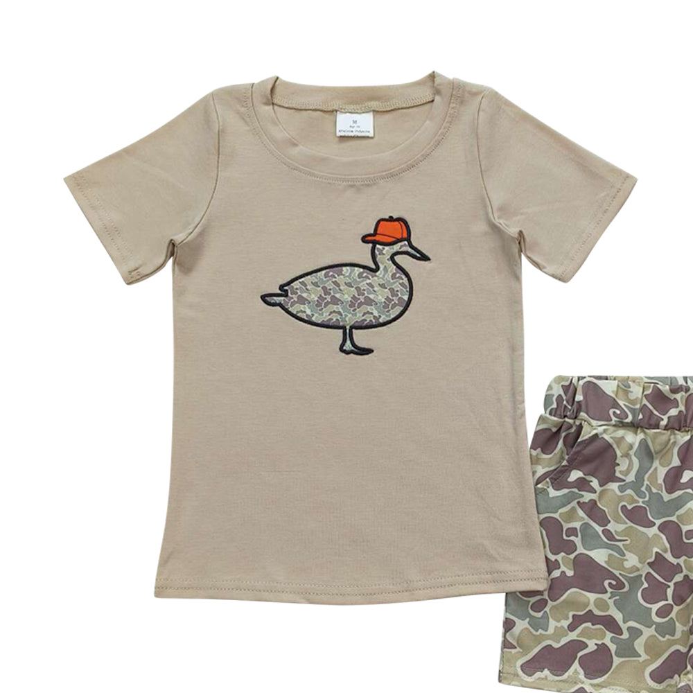 BSSO0781 embroidery camo mallard duck short sleeve green camo shorts boys set