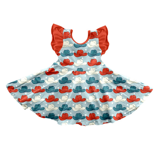 preorder GSD0761 Western Red White Blue Collar Hat Flutter Sleeve Girls Dress