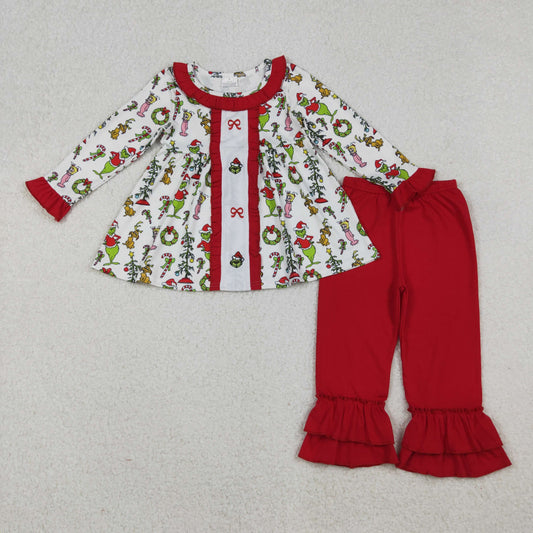 embroidery GLP2812 Christmas green face bows long sleeve red pants girls set