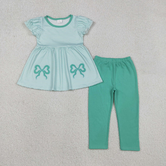 Embroidery GSPO2151 mint green striped bows striped pants girls set