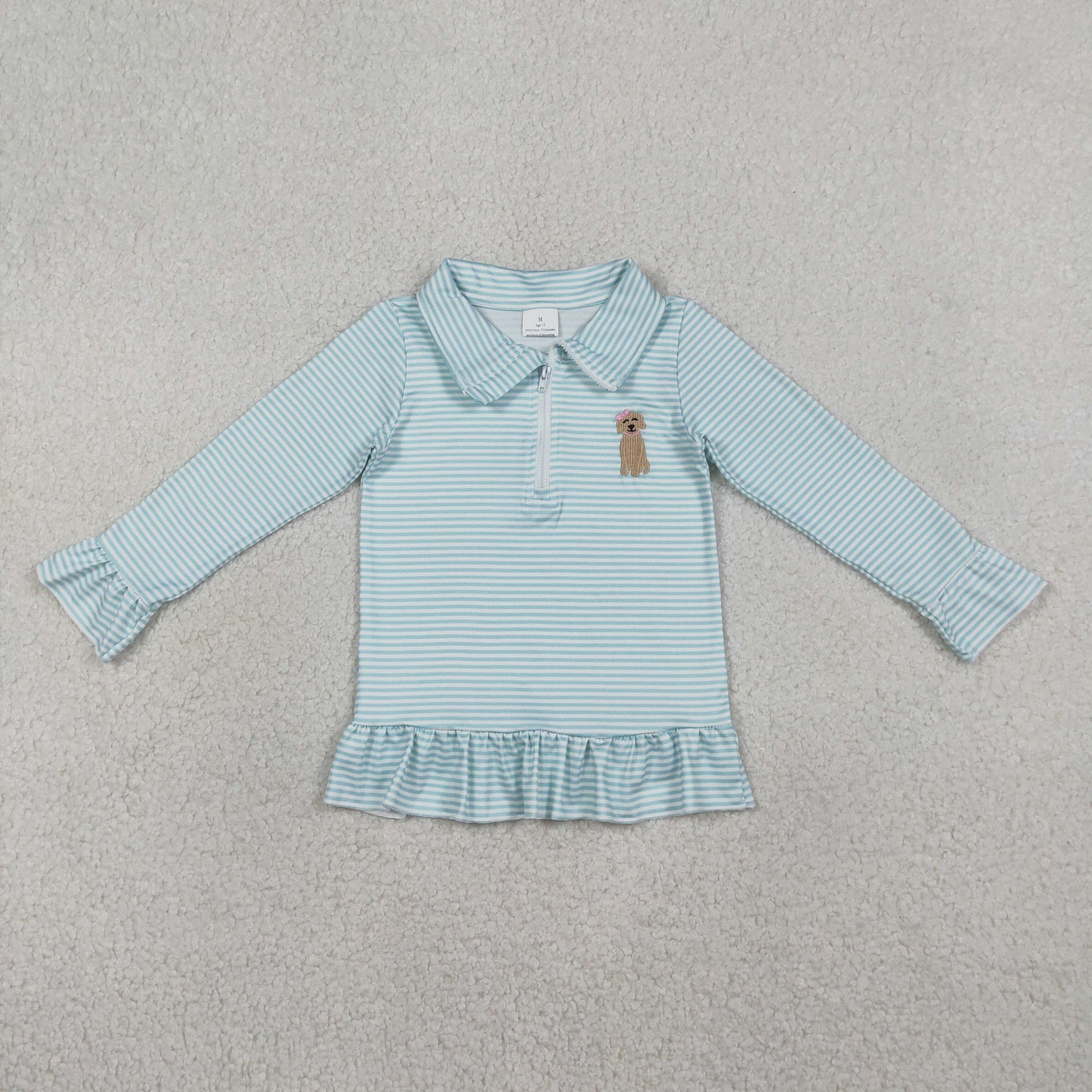 Embroidery GT1543 Dog Blue Striped Zipper Long Sleeve Girls Top