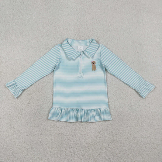 Embroidery GT1543 Dog Blue Striped Zipper Long Sleeve Girls Top