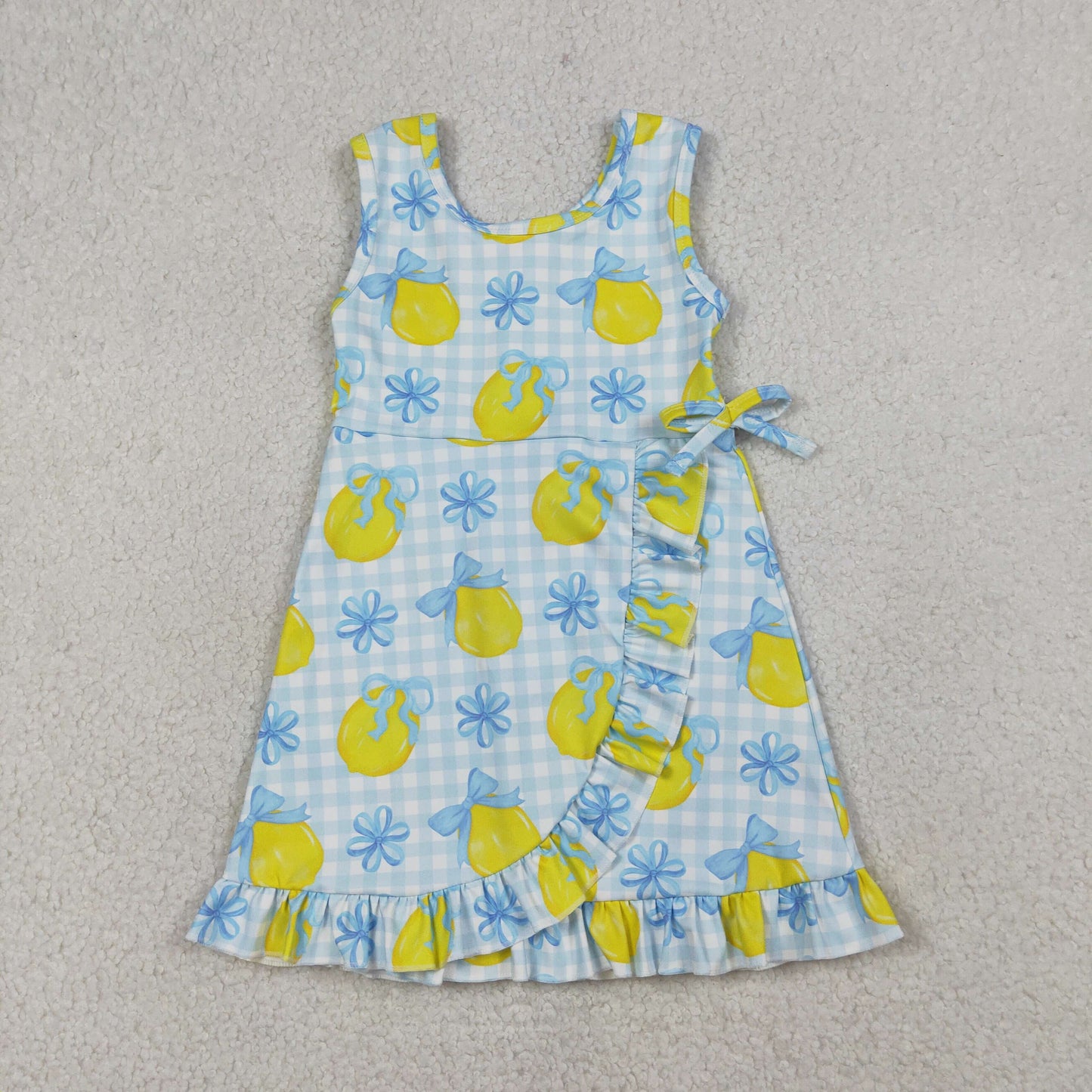 GSD3684 Yoga Lemon Bows Blue Checkered Sleeveless Skorts Girls Dress
